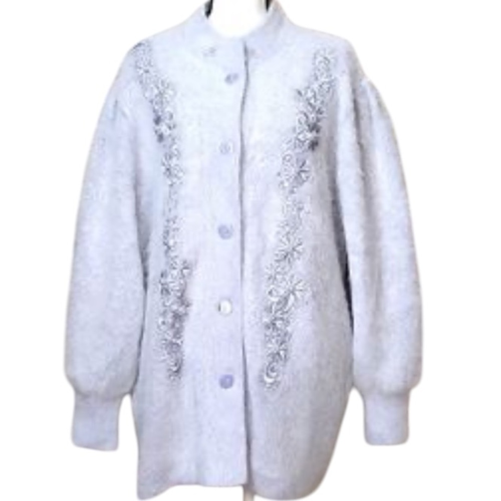 Lee Sands rabbit angora gray embroidered pearl   fuzzy jacket one size plus